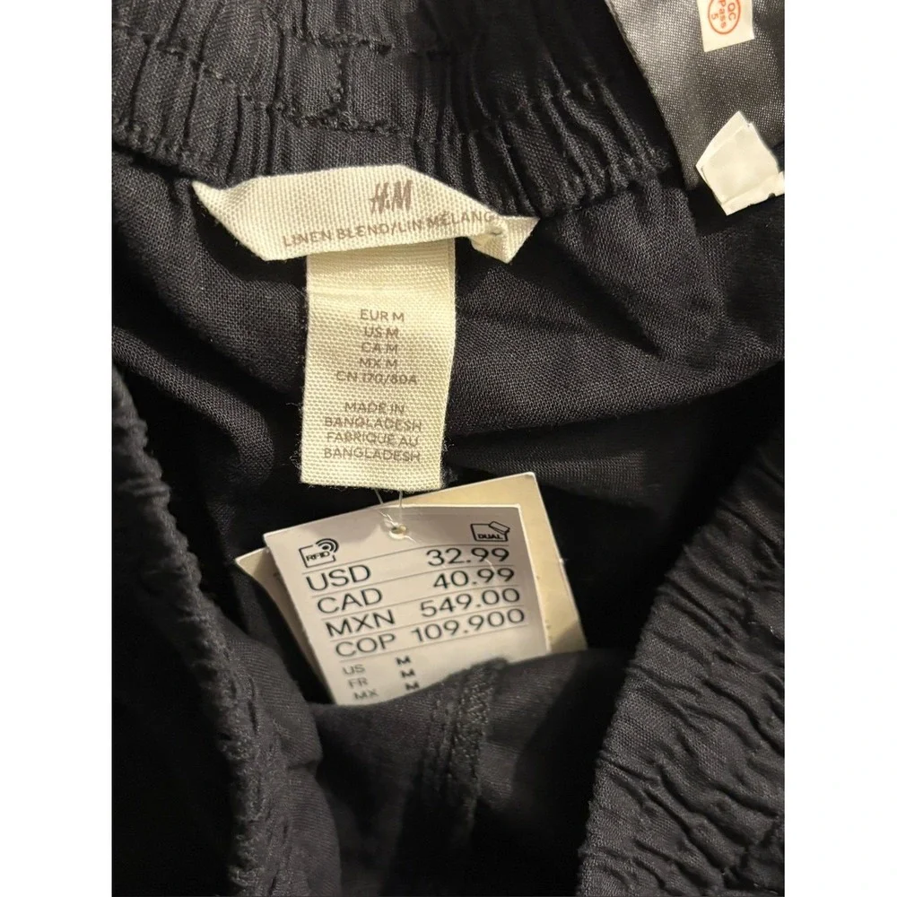 H&M Black Linen Blend Drawstring Pants Size Large NWT Relaxed Coastal Style